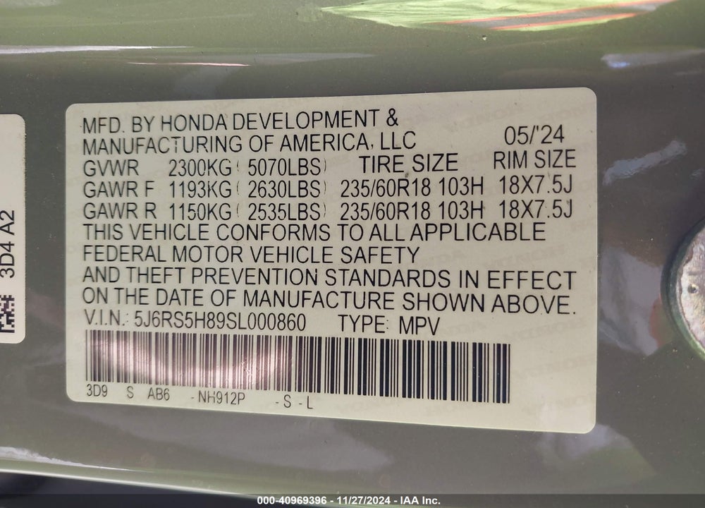 2025 HONDA CR-V HYBRID SPORT-L VIN: 5J6RS5H89SL000860