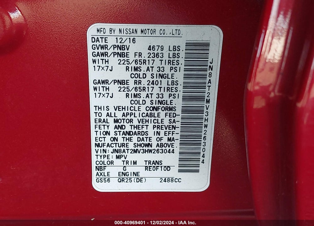 2017 NISSAN ROGUE S VIN: JN8AT2MV3HW263044