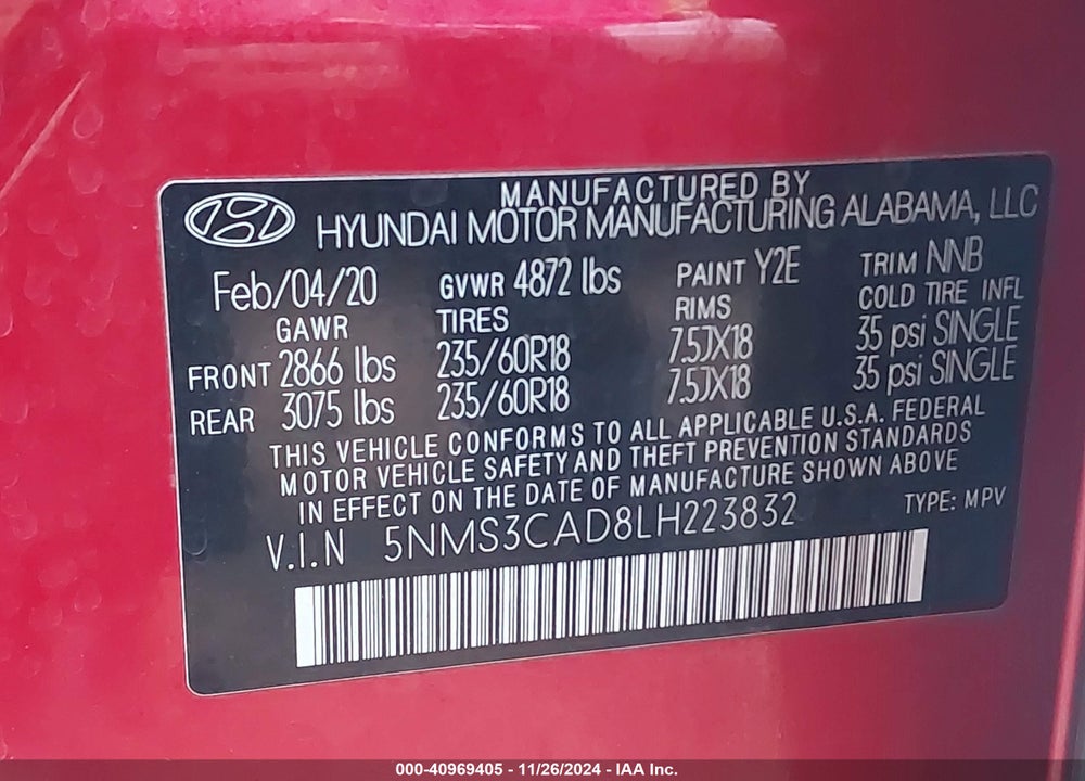 2020 HYUNDAI SANTA FE SEL VIN: 5NMS3CAD8LH223832