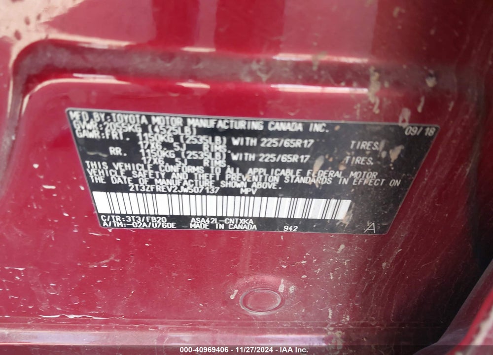 2018 TOYOTA RAV4 LE VIN: 2T3ZFREV2JW507137