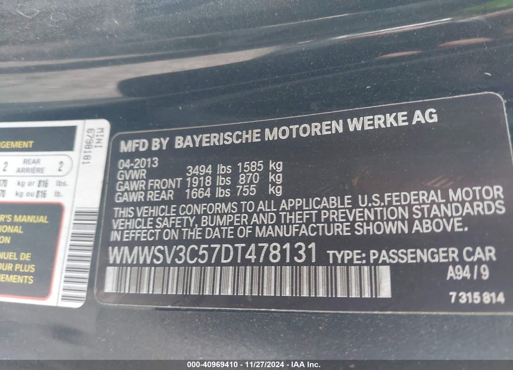 2013 MINI HARDTOP COOPER S VIN: WMWSV3C57DT478131