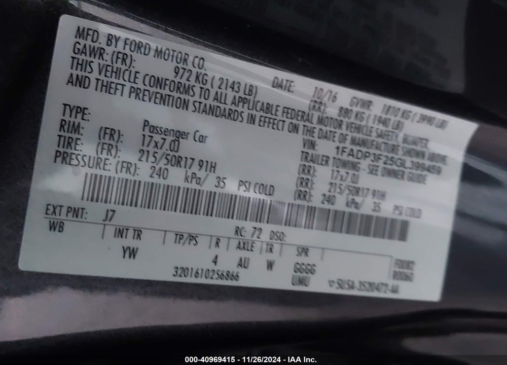 2016 FORD FOCUS VIN: 1FADP3F25GL399459