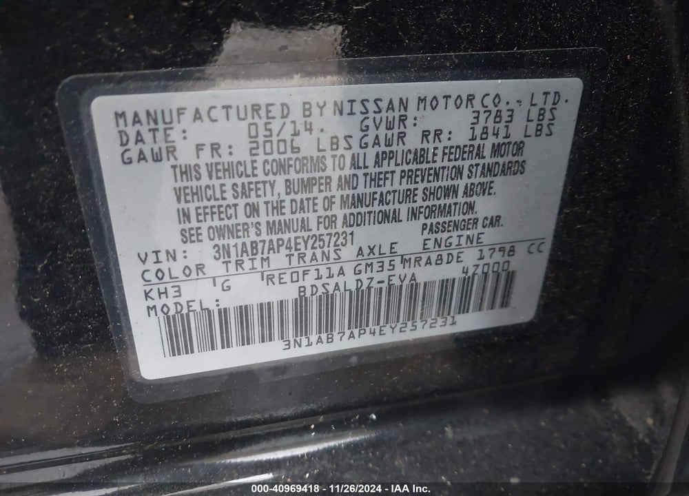 2014 NISSAN SENTRA SV VIN: 3N1AB7AP4EY257231