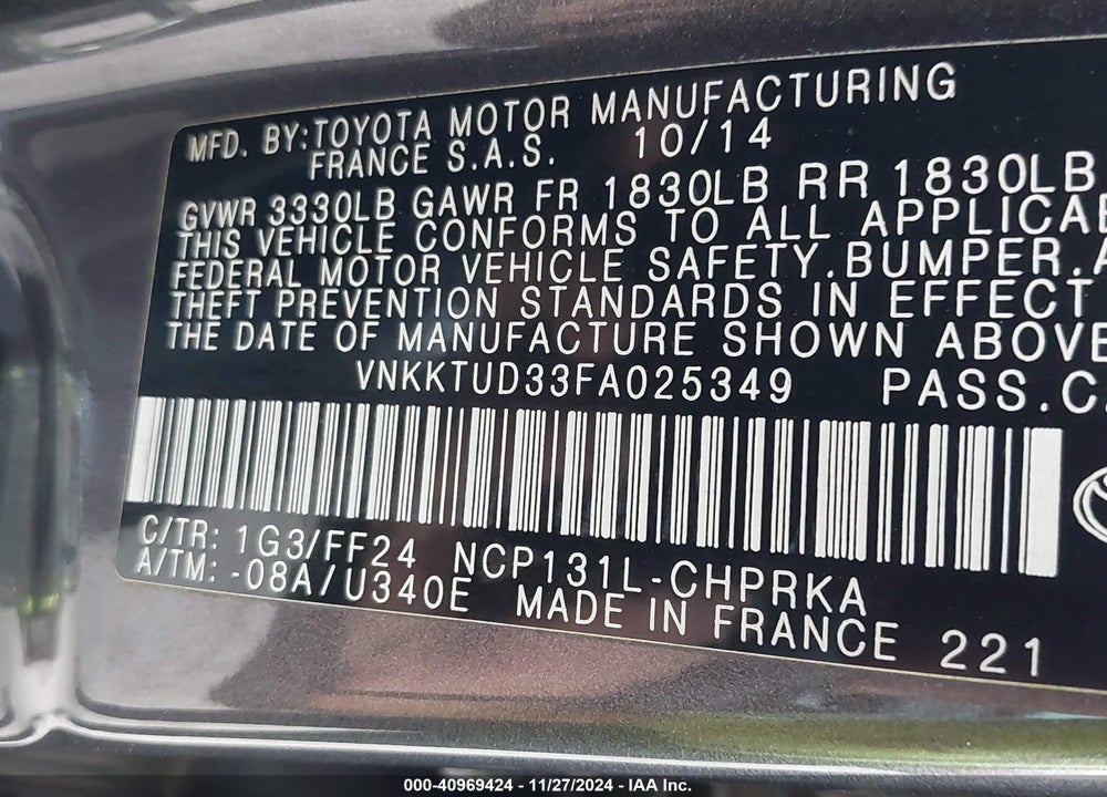 2015 TOYOTA YARIS SE VIN: VNKKTUD33FA025349