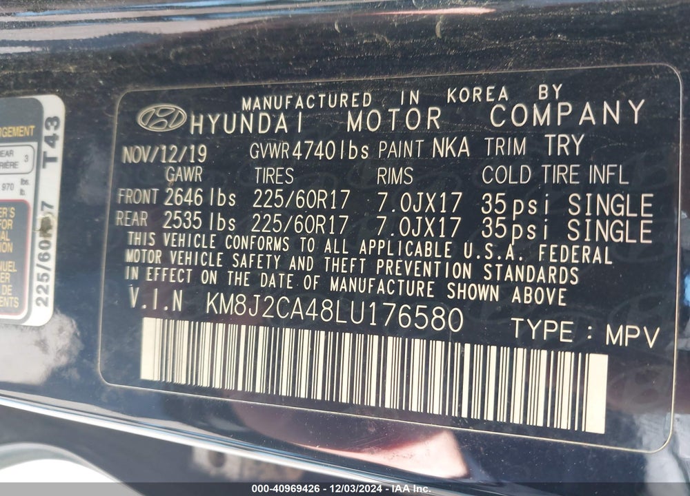 2020 HYUNDAI TUCSON SE VIN: KM8J2CA48LU176580
