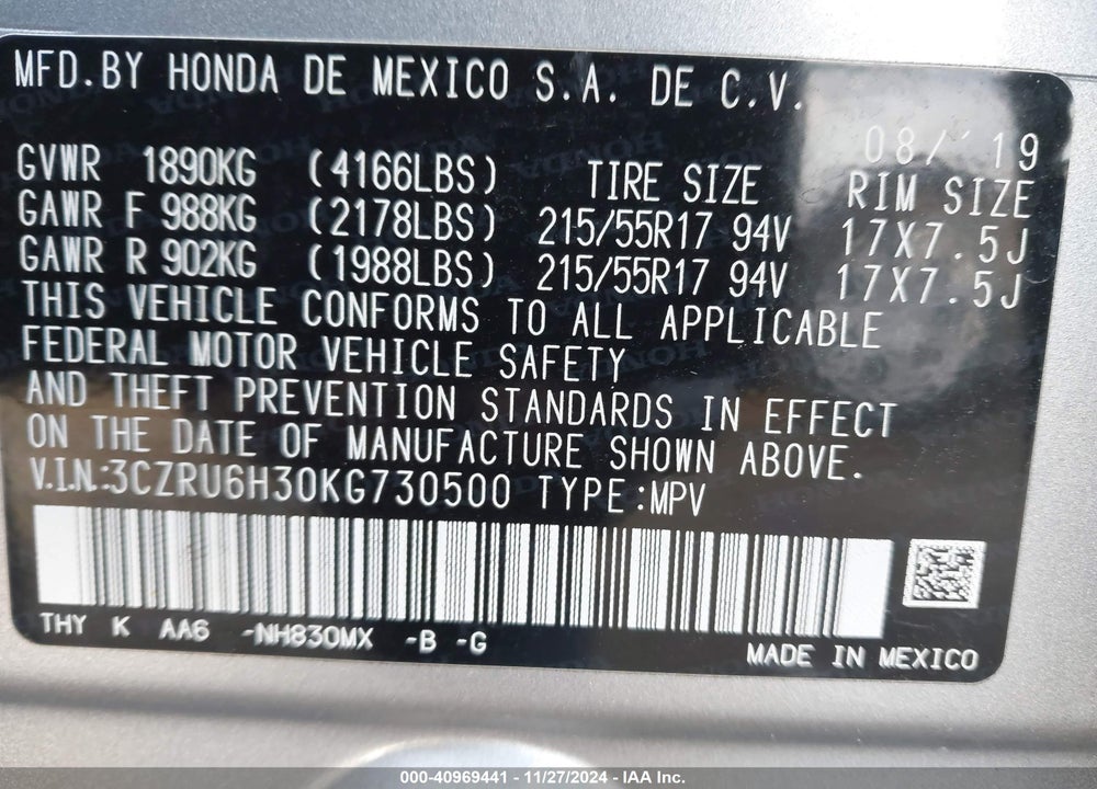 2019 HONDA HR-V LX VIN: 3CZRU6H30KG730500