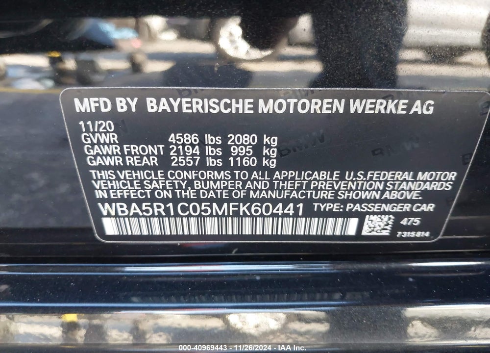 2021 BMW 330I VIN: WBA5R1C05MFK60441