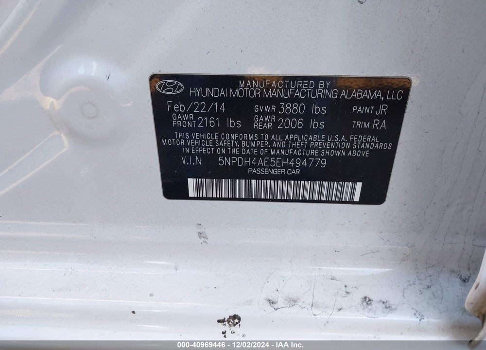 2014 HYUNDAI ELANTRA SE VIN: 5NPDH4AE5EH494779