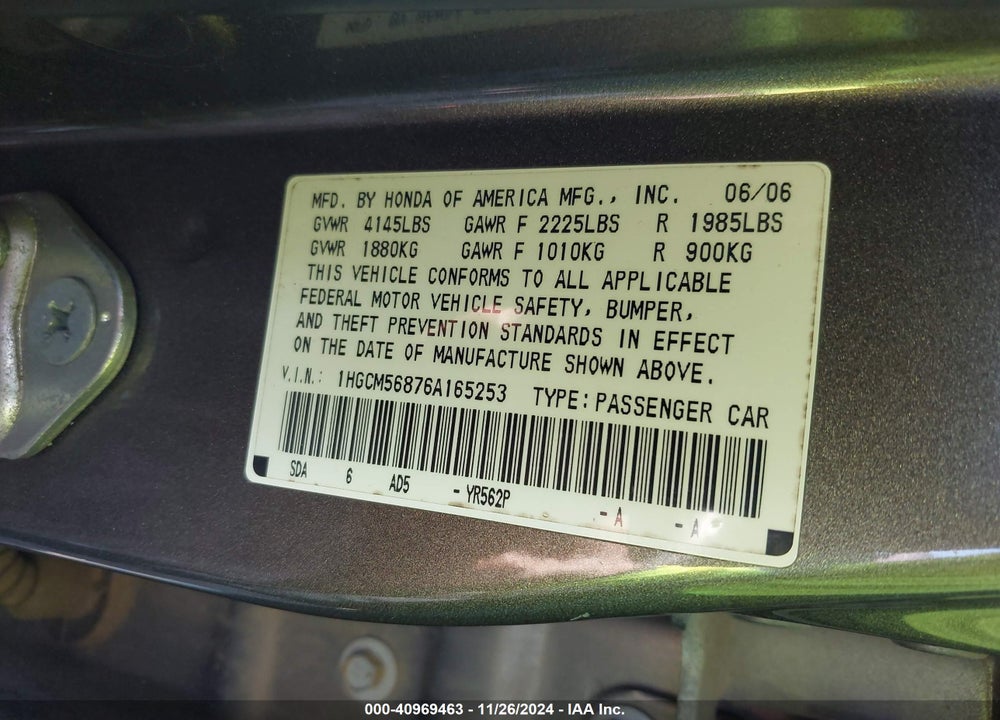 2006 HONDA ACCORD 2.4 EX VIN: 1HGCM56876A165253