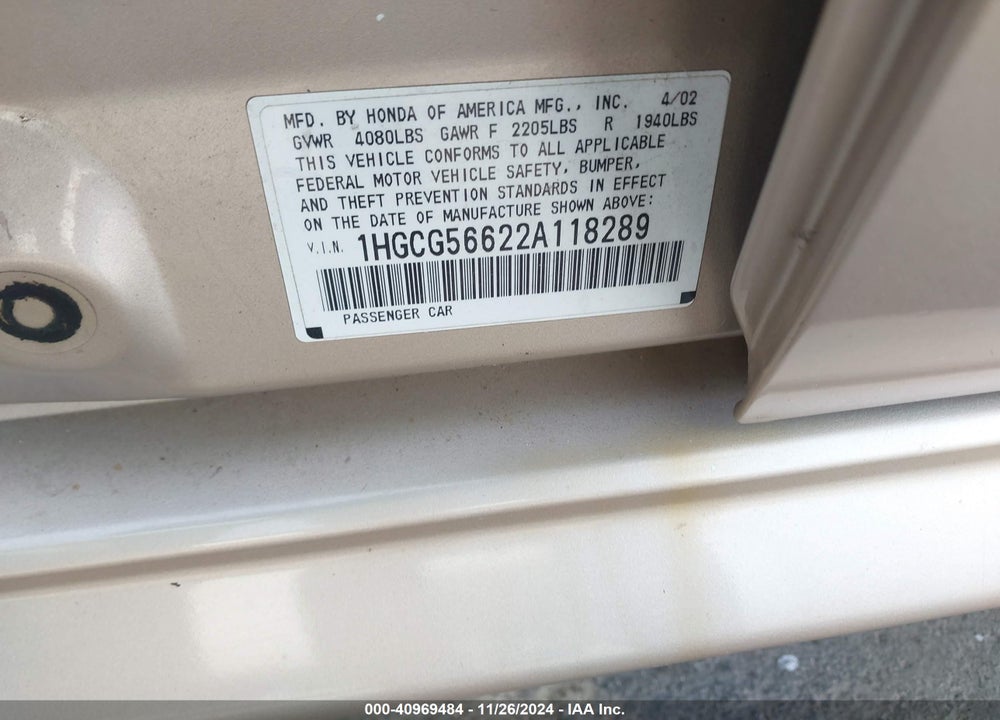 2002 HONDA ACCORD 2.3 EX VIN: 1HGCG56622A118289