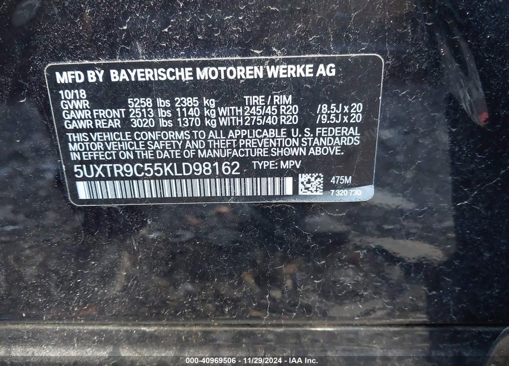 2019 BMW X3 XDRIVE30I VIN: 5UXTR9C55KLD98162