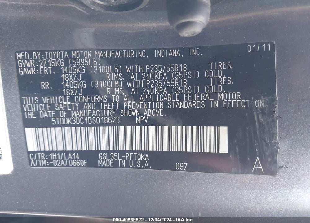 2011 TOYOTA SIENNA XLE LIMITED VIN: 5TDDK3DC1BS018623
