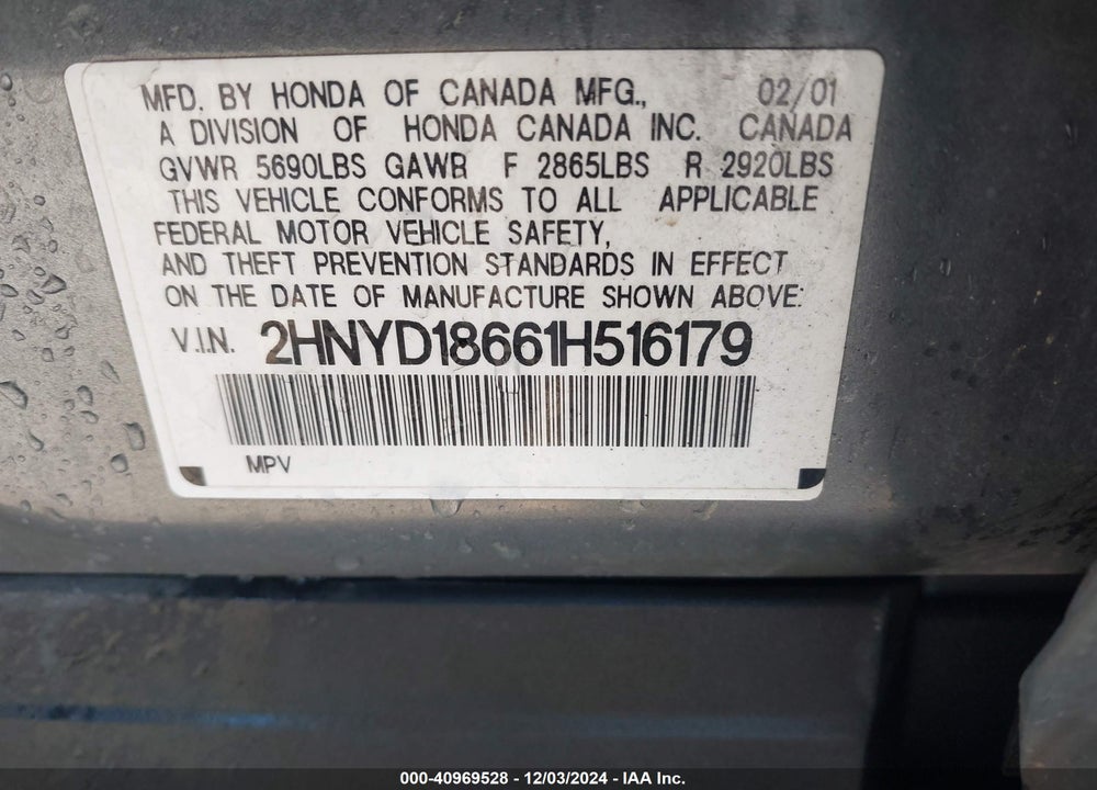 2001 ACURA MDX VIN: 2HNYD18661H516179