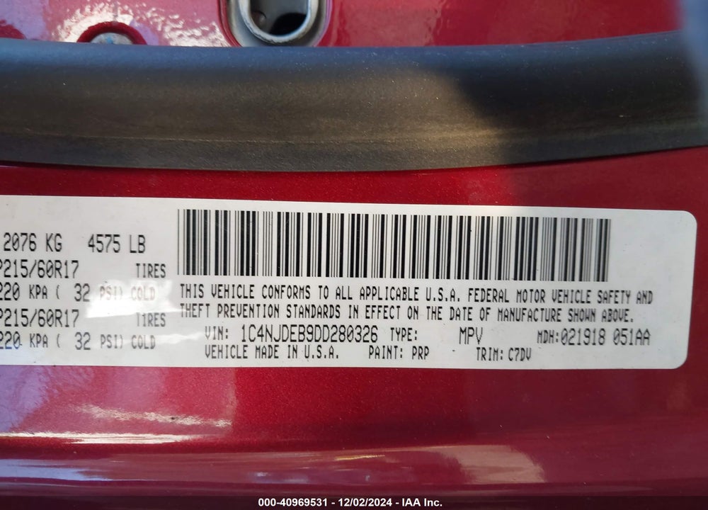 2013 JEEP COMPASS LATITUDE VIN: 1C4NJDEB9DD280326
