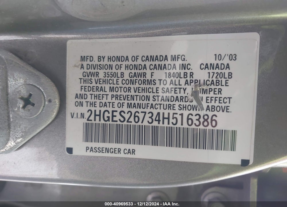 2004 HONDA CIVIC EX VIN: 2HGES26734H516386