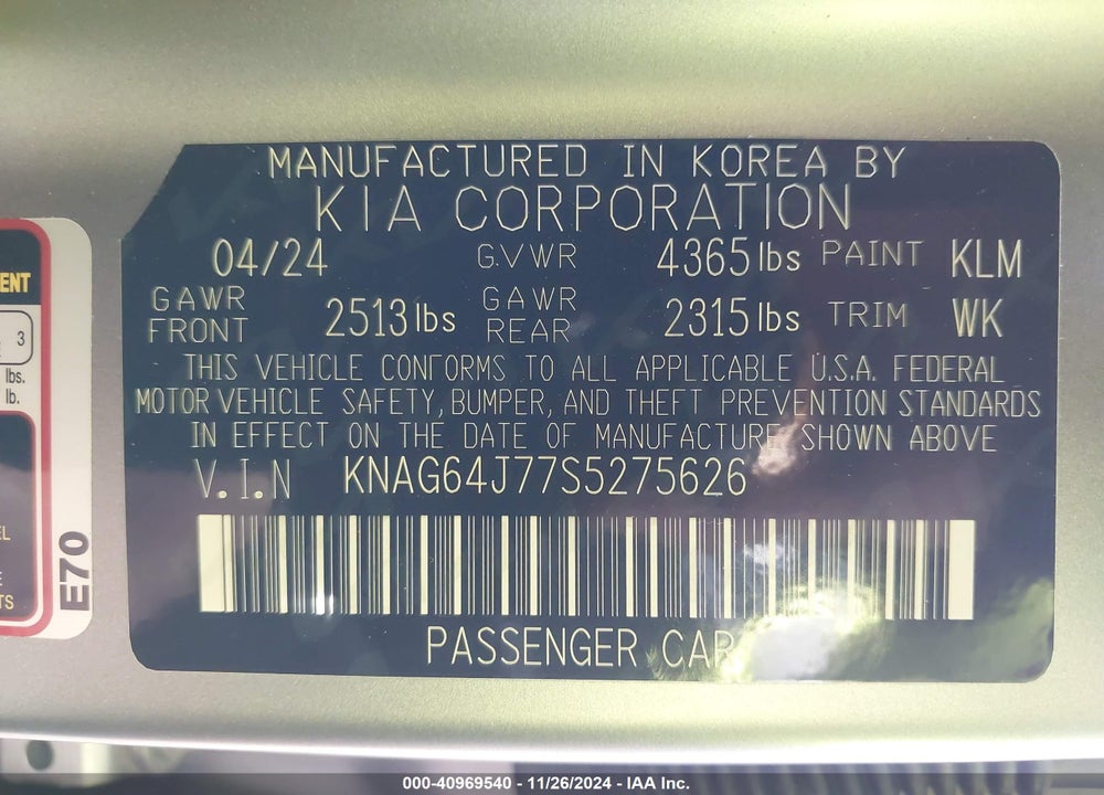 2025 KIA K5 GT LINE VIN: KNAG64J77S5275626