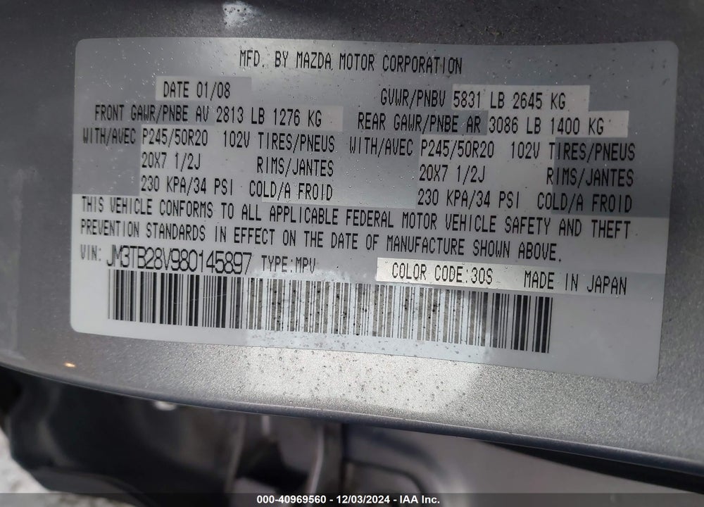2008 MAZDA CX-9 GRAND TOURING VIN: JM3TB28V980145897
