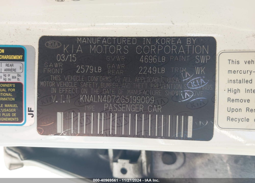 2016 KIA CADENZA VIN: KNALN4D72G5199009