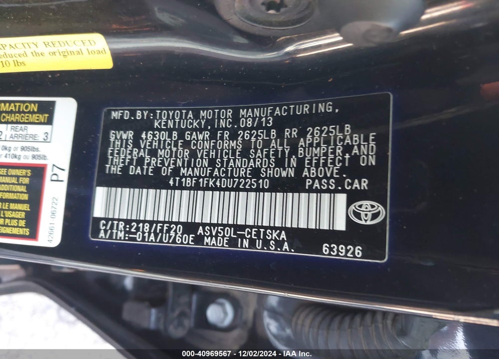2013 TOYOTA CAMRY SE VIN: 4T1BF1FK4DU722510