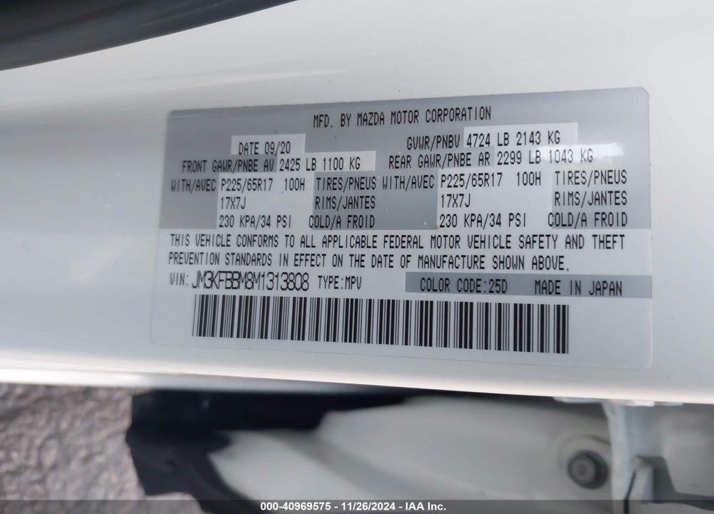 2021 MAZDA CX-5 SPORT VIN: JM3KFBBM8M1313808