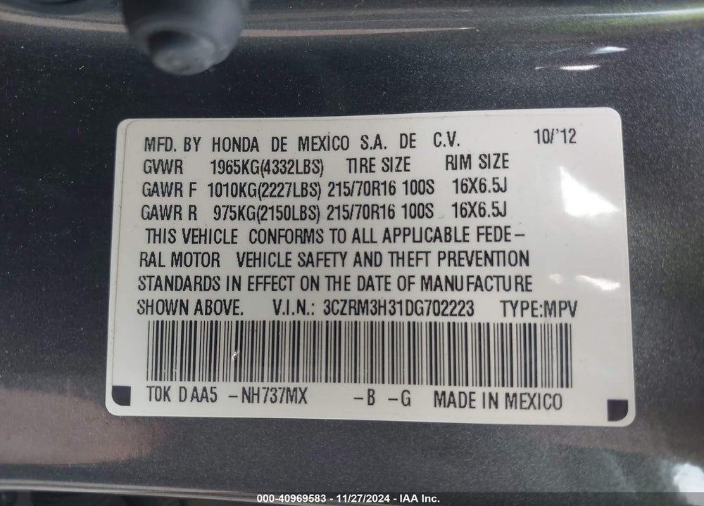 2013 HONDA CR-V LX VIN: 3CZRM3H31DG702223