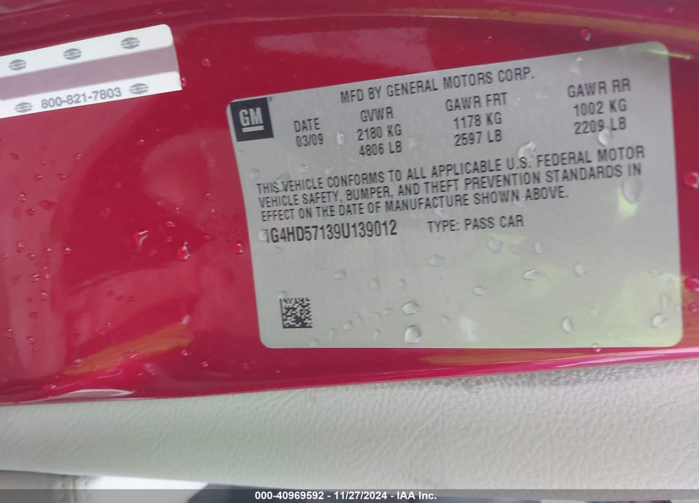 2009 BUICK LUCERNE CXL SPECIAL EDITION VIN: 1G4HD57139U139012