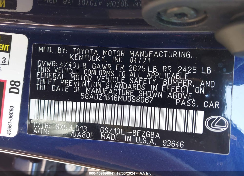 2021 LEXUS ES 350 VIN: 58ADZ1B16MU098067