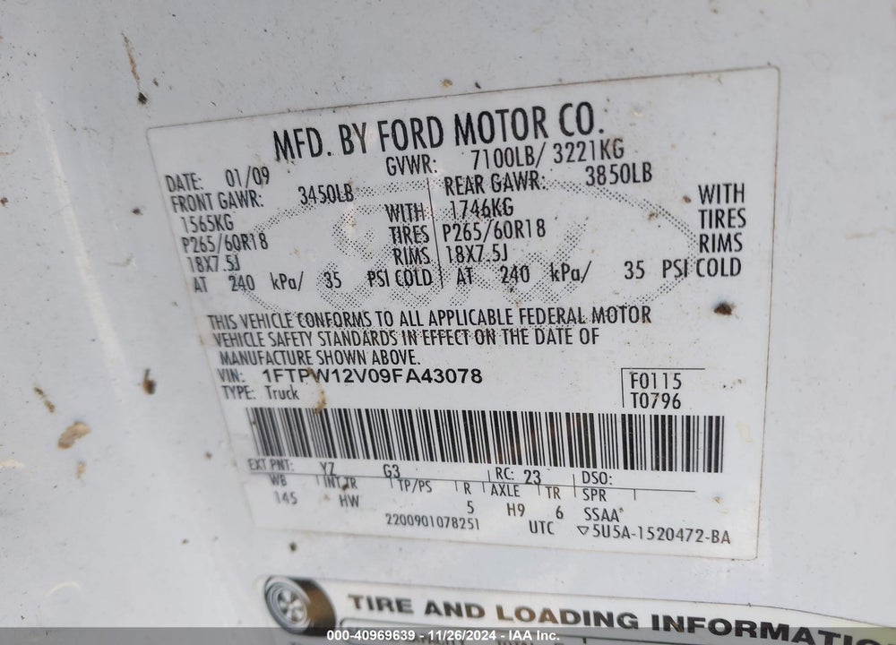 2009 FORD F-150 LARIAT VIN: 1FTPW12V09FA43078