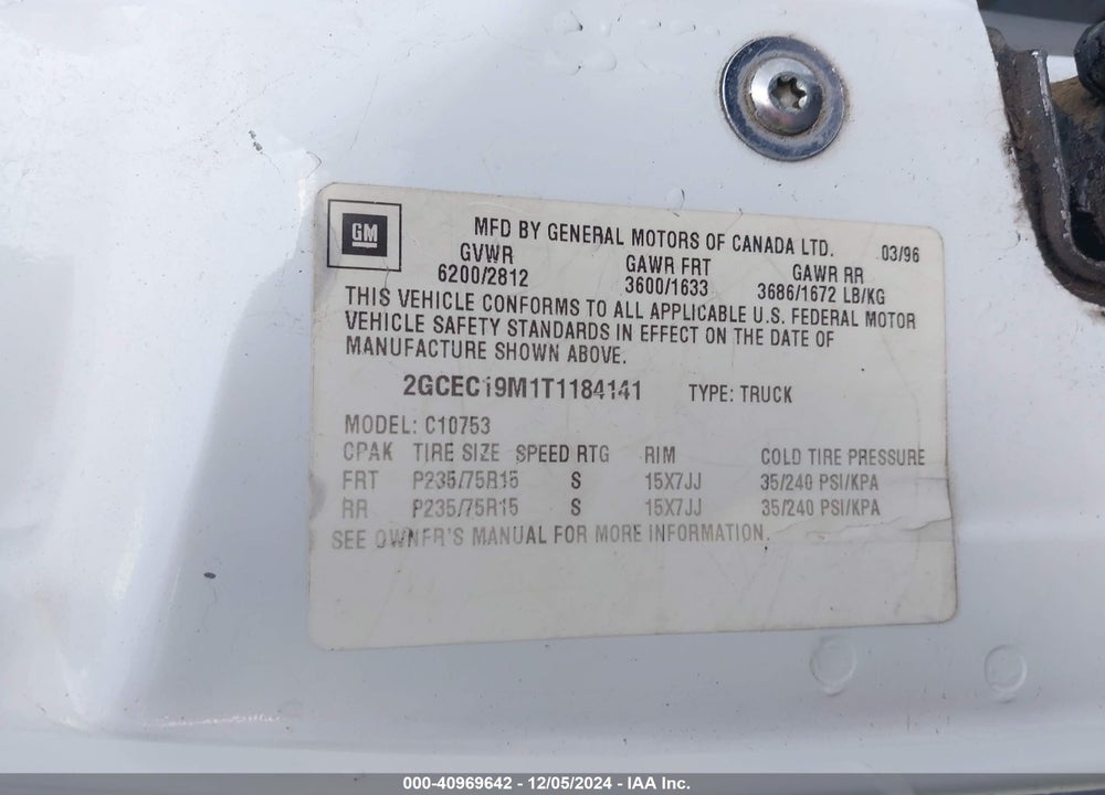 1996 CHEVROLET GMT-400 C1500 VIN: 2GCEC19M1T1184141