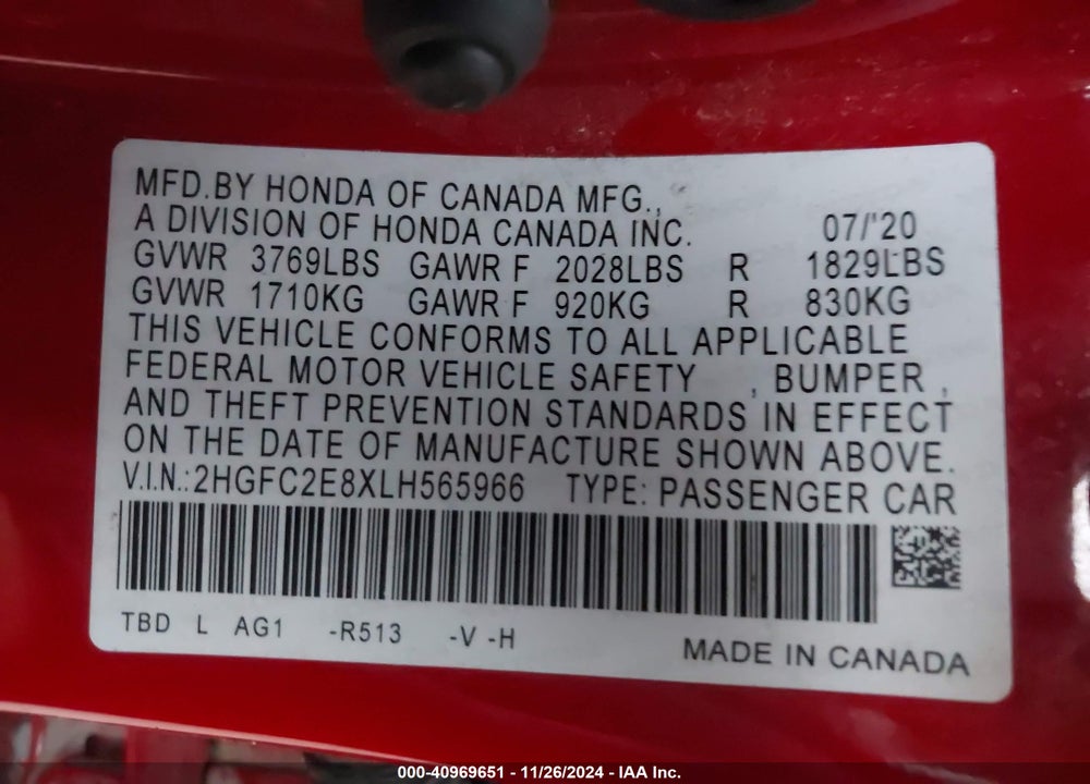 2020 HONDA CIVIC VIN: 2HGFC2E8XLH565966