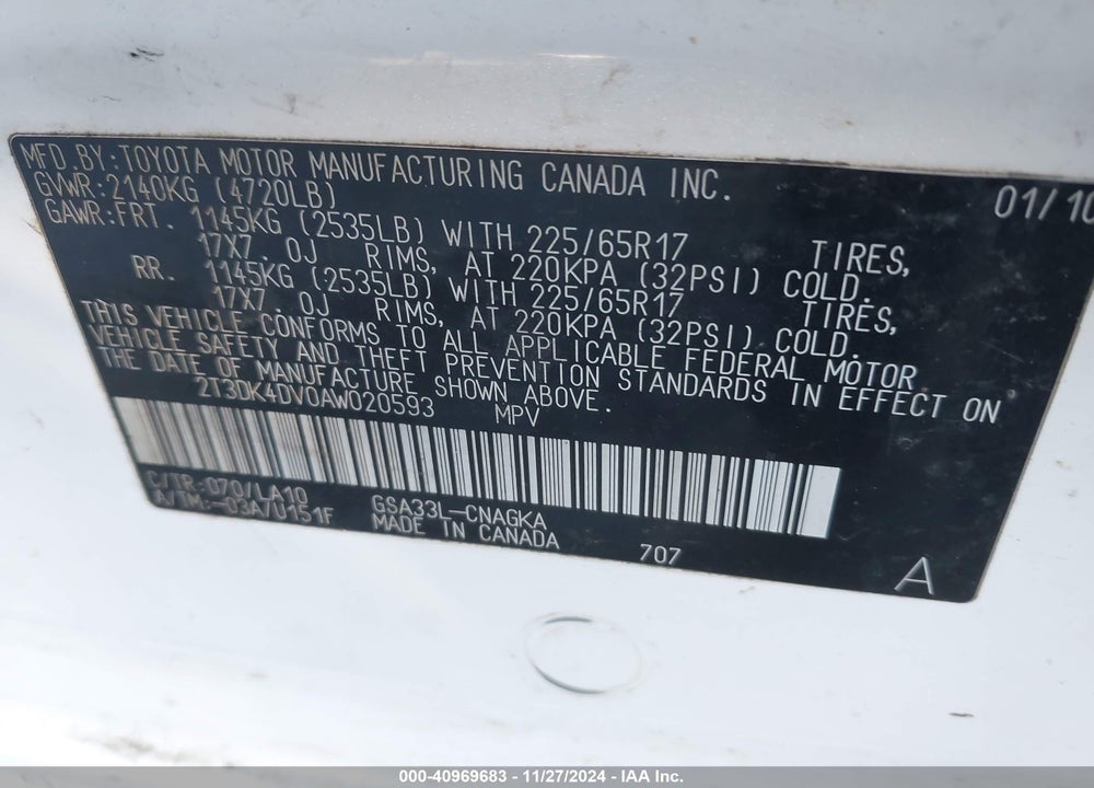 2010 TOYOTA RAV4 LIMITED VIN: 2T3DK4DV0AW020593