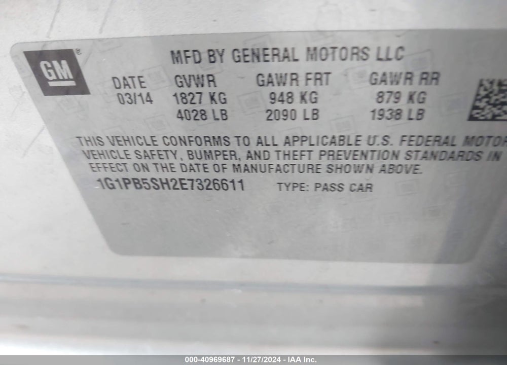 2014 CHEVROLET CRUZE LS MANUAL VIN: 1G1PB5SH2E7326611