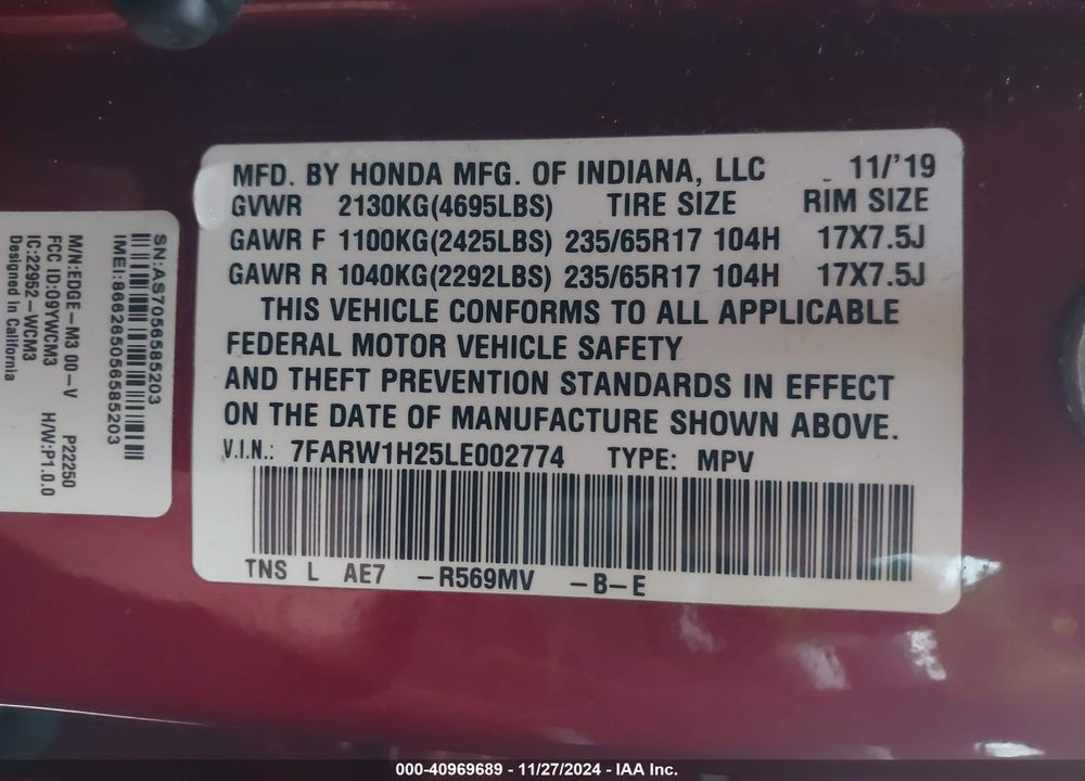2020 HONDA CR-V 2WD LX VIN: 7FARW1H25LE002774