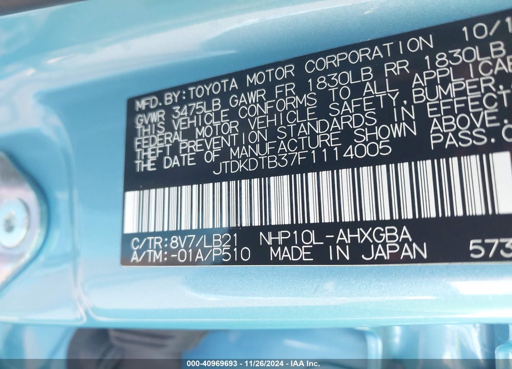2015 TOYOTA PRIUS C FOUR VIN: JTDKDTB37F1114005
