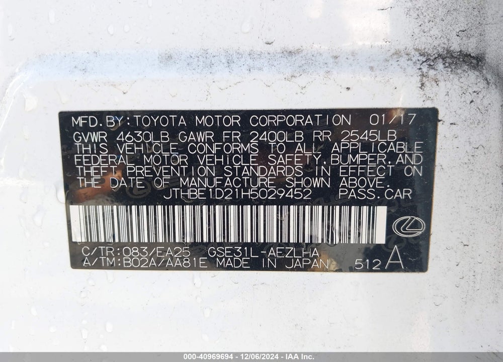 2017 LEXUS IS 350 VIN: JTHBE1D21H5029452