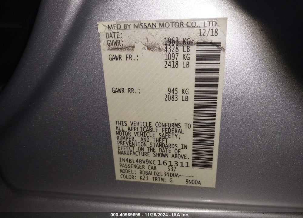 2019 NISSAN ALTIMA 2.5 S VIN: 1N4BL4BV9KC161311