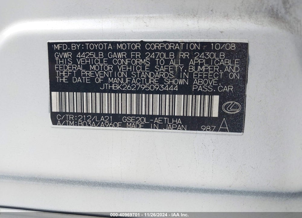 2009 LEXUS IS 250 VIN: JTHBK262795093444