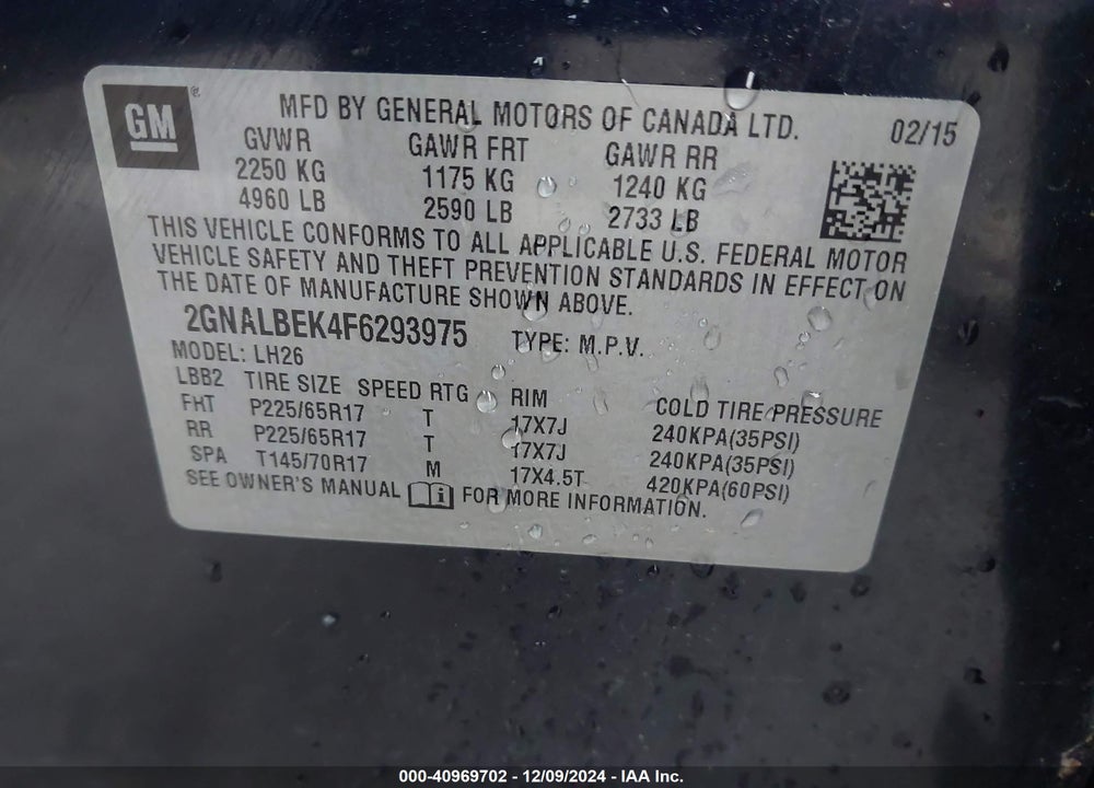 2015 CHEVROLET EQUINOX 1LT VIN: 2GNALBEK4F6293975
