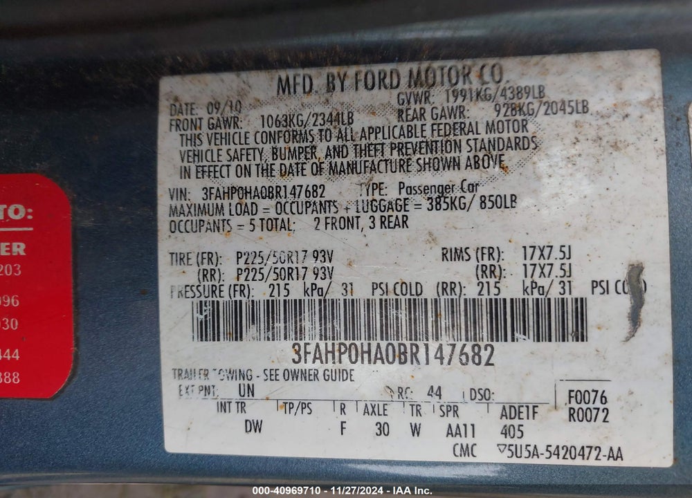 2011 FORD FUSION VIN: 3FAHP0HA0BR147682