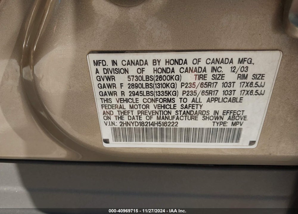 2004 ACURA MDX VIN: 2HNYD18214H516222