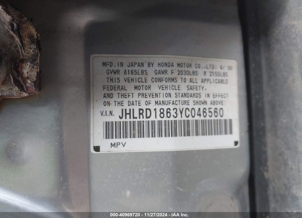 2000 HONDA CR-V EX VIN: JHLRD1863YC046560