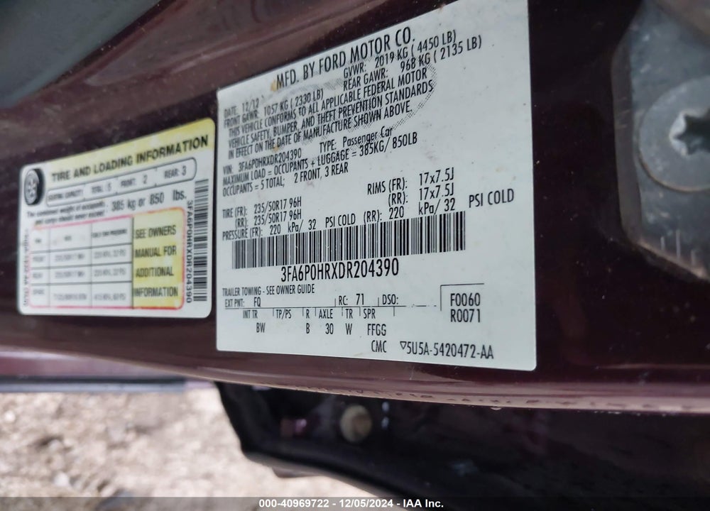 2013 FORD FUSION VIN: 3FA6P0HRXDR204390