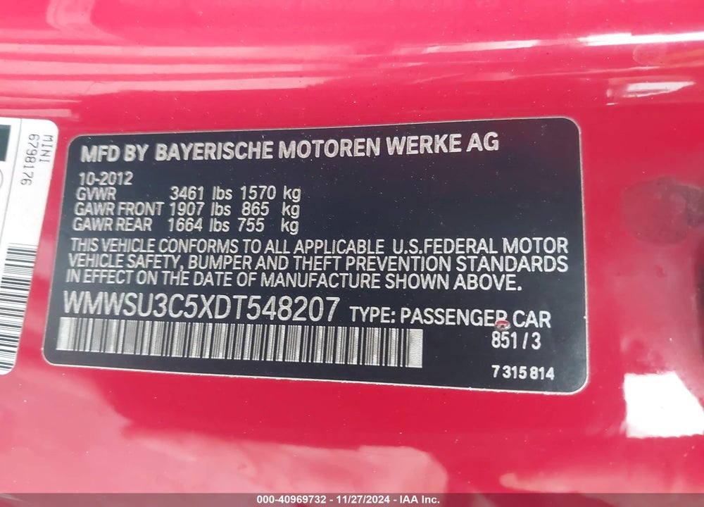 2013 MINI HARDTOP COOPER VIN: WMWSU3C5XDT548207