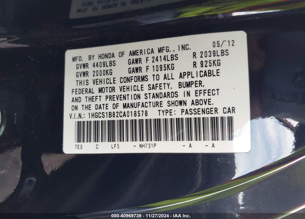 2012 HONDA ACCORD 2.4 EX-L VIN: 1HGCS1B82CA018578