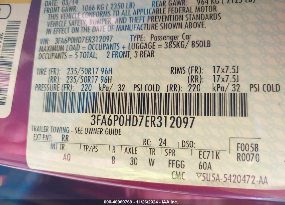 2014 FORD FUSION SE VIN: 3FA6P0HD7ER312097