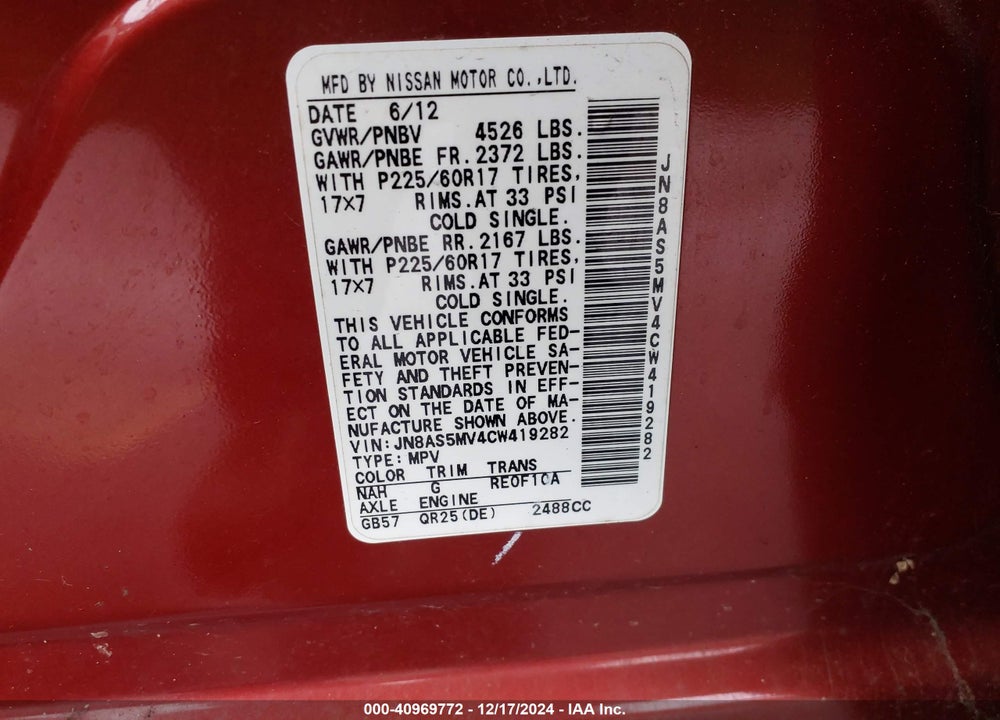 2012 NISSAN ROGUE SV VIN: JN8AS5MV4CW419282