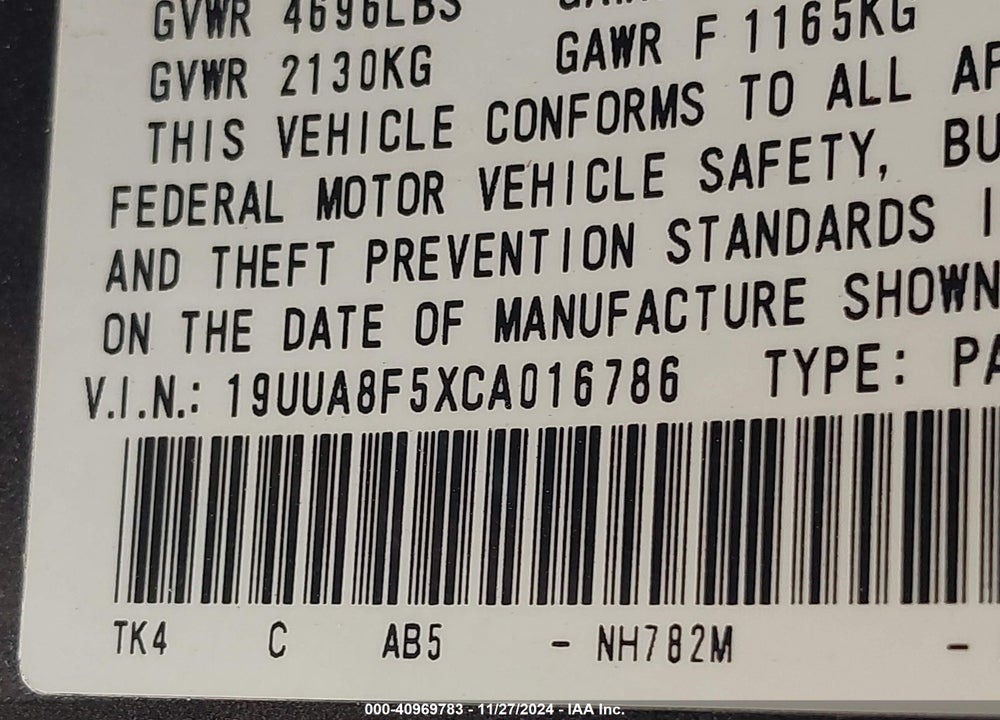 2012 ACURA TL VIN: 19UUA8F5XCA016786