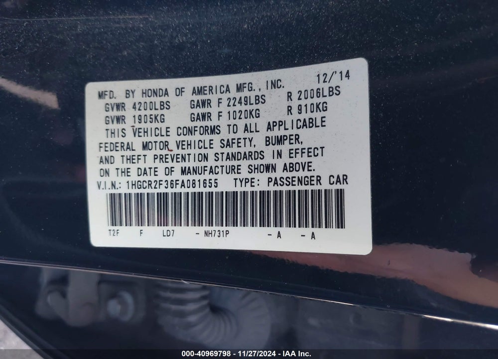 2015 HONDA ACCORD LX VIN: 1HGCR2F36FA081655