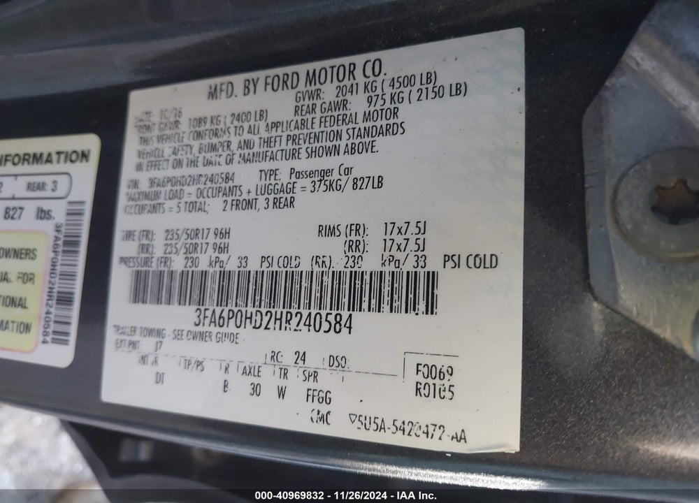 2017 FORD FUSION VIN: 3FA6P0HD2HR240584