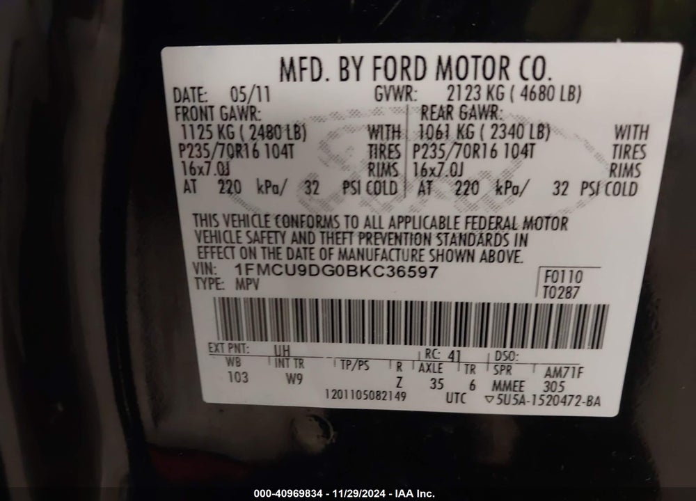 2011 FORD ESCAPE XLT VIN: 1FMCU9DG0BKC36597